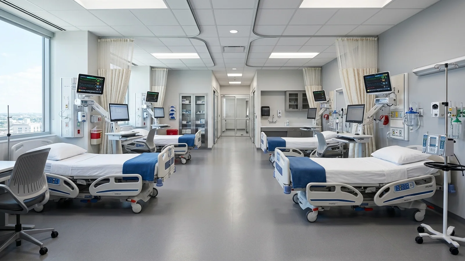 Hospital ward with prepared beds and bedside services, representing the healthcare division of Sabbia International