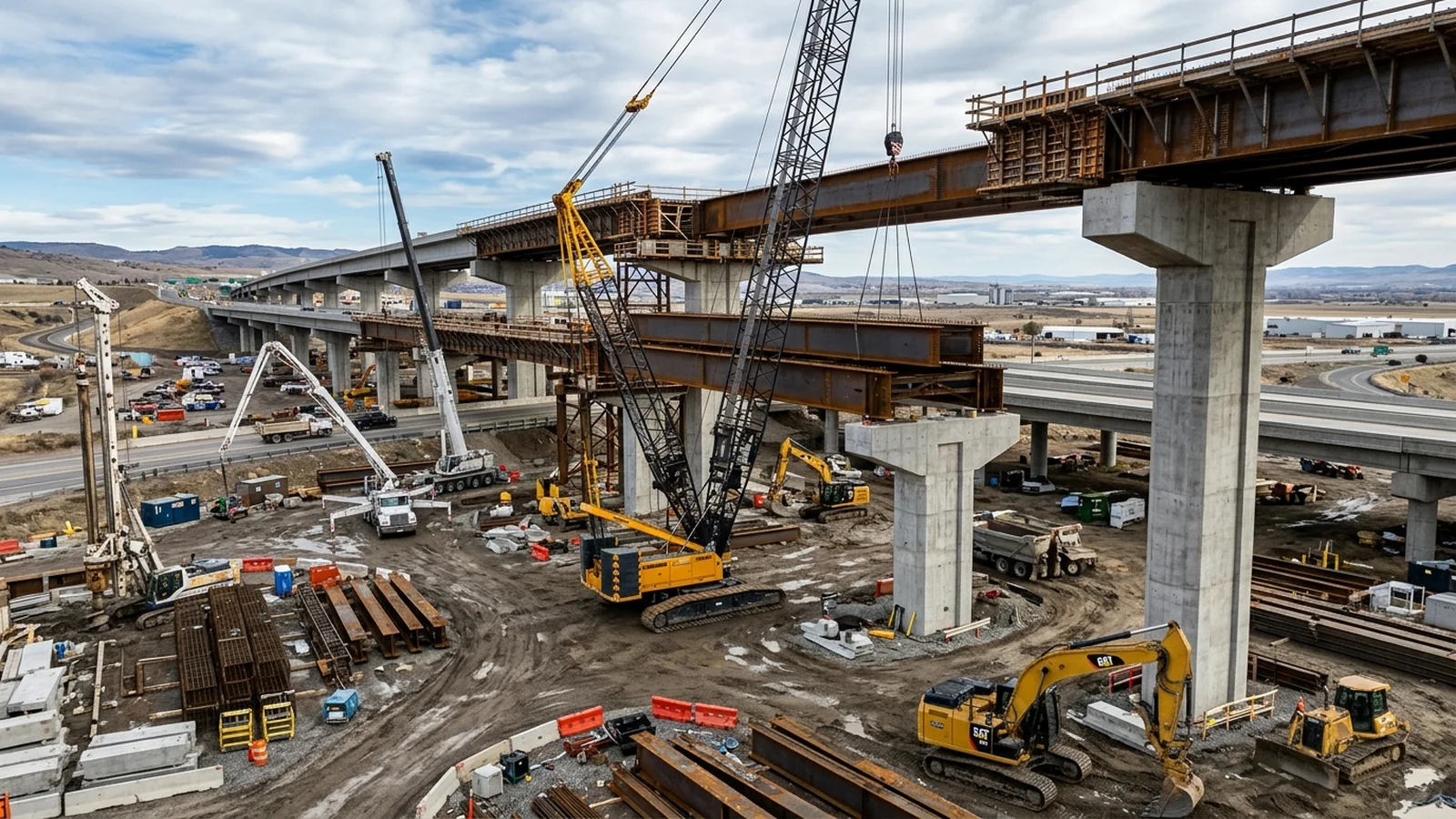 Engineer surveying at a bridge construction site, representing the infrastructure division of Sabbia International